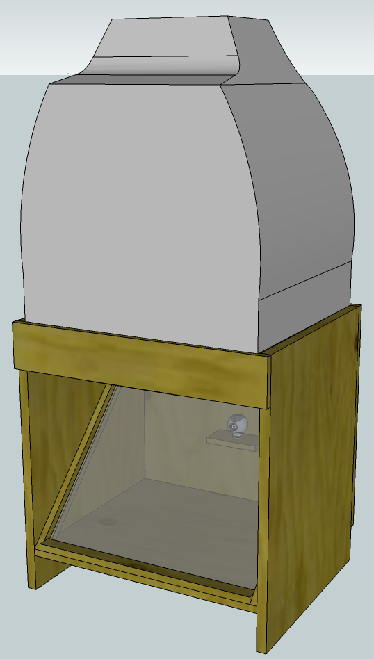 Wooden cabinet positions mirror-image monitor at right angle above semitransparent mirror with concealed webcam.