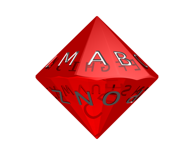 Raytraced image of my alphabet die concept, in translucent red with white letters.