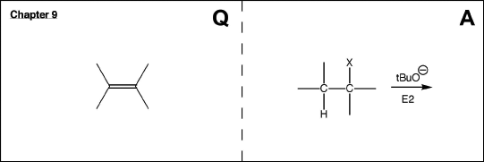 Example flash card from my set, showing the prompted synthon and chapter number (a peralkylated alkene and Chapter 9) on the left, and the synthetic equivalent and reaction conditions (a tetraalkylated alkyl halide with tert-butoxide by E2) on the right, with vertical fold line in the middle.