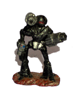 2400 AD miniature from front, with black and gunmetal color scheme.