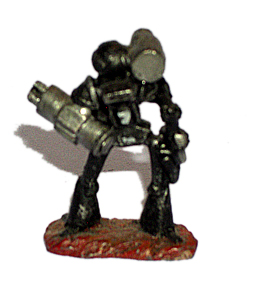 2400 AD miniature from rear, with black and gunmetal color scheme.