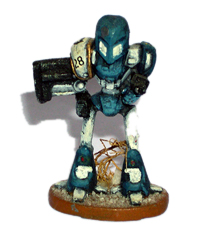 2400 AD miniature from front, with white and blue color scheme.