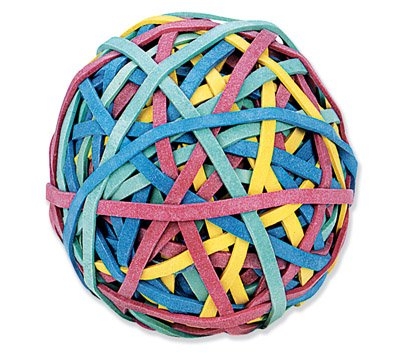A close-up image of the multicolored rubber band ball sold by Office Depot.