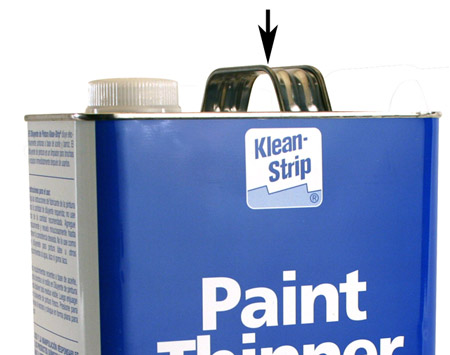 Two-gallon metal solvent can as it comes from the hardware store, with arrow indicating integral handle to be reused.